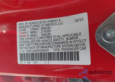 2023 Honda Civic Sport from USA, damaged, VIN 19XFL2H8XPE008101